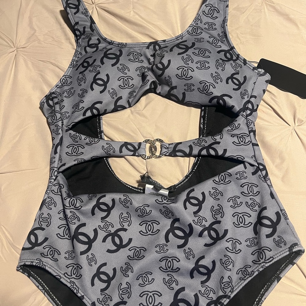 CHANEL women One-Piece Swimsuit in Light Gray with Black Logo